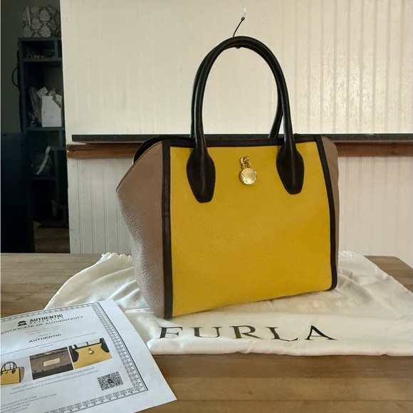 Furla Genuine Leather Tri Colored Tote Bag Purse - Picture 2 of 16